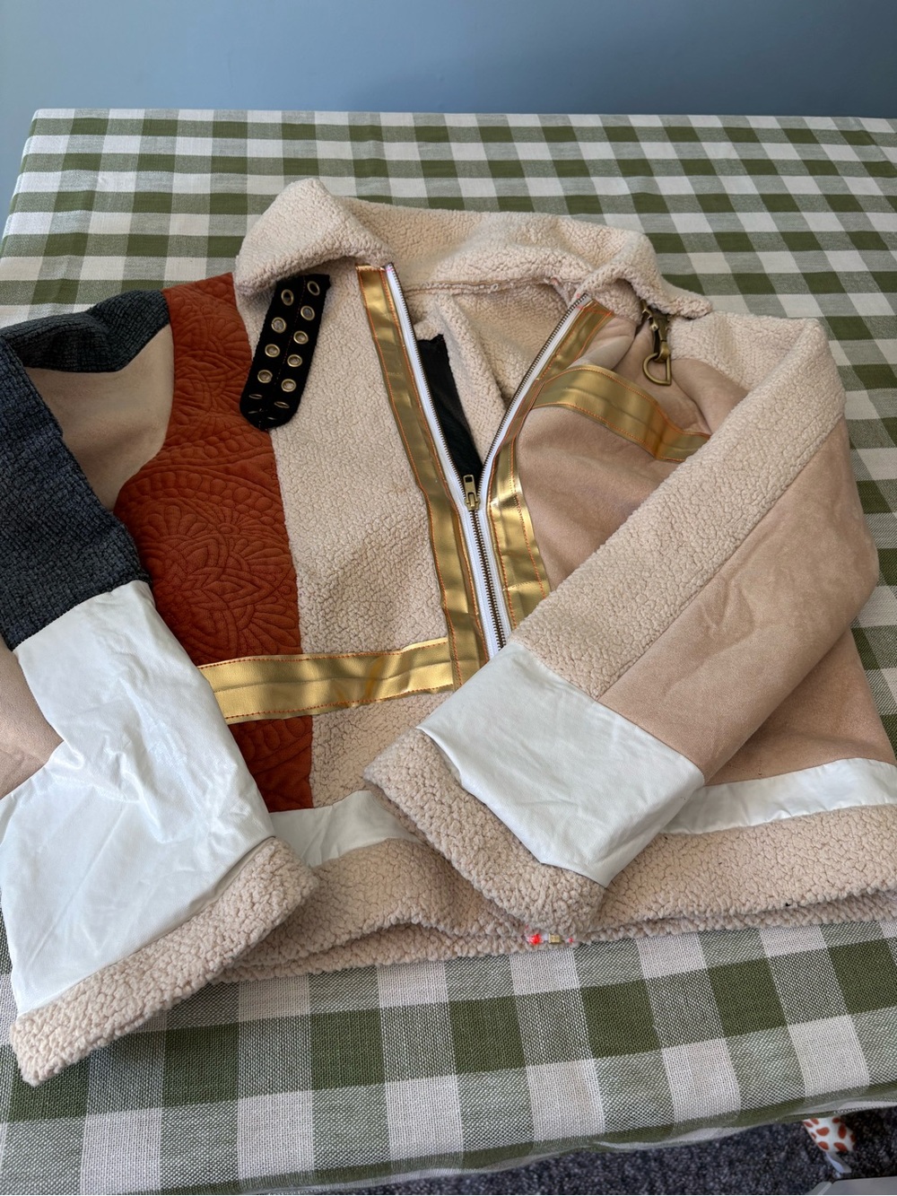 Mixed-Media Cream Teddy Jacket with Gold Accent
